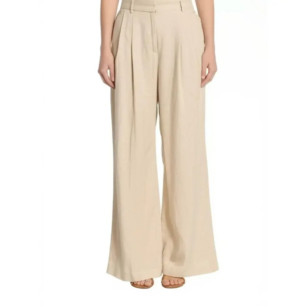 Zara Beige Linen Wide Leg Pants Pleated Front Relaxed Trousers Women’s Small